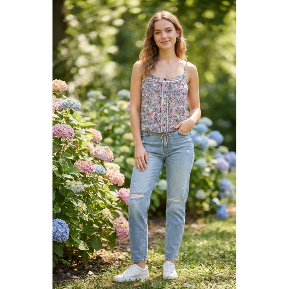 Garage Tops - Garage Floral Cami Top Blue Pink Wildflower Lace Trim Button Front Small